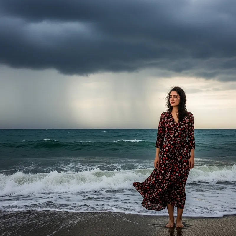 Woman Walking Alone by Stormy Sea Woman Walking Alone by Stormy Sea