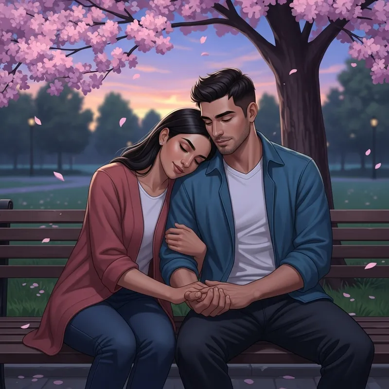 Serene Moment: Romantic Couple under Cherry Blossom Tree
