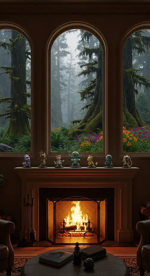 Luxurious Living Room with Fireplace and Forest View