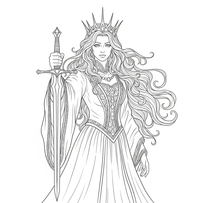Mystical Queen of Swords - Black & White Outline Art