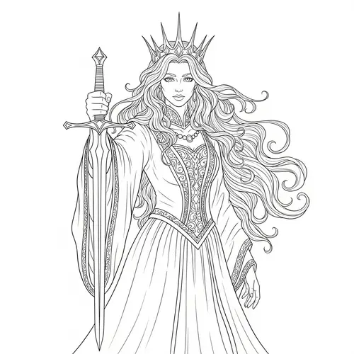 Mystical Queen of Swords - Black & White Outline Art