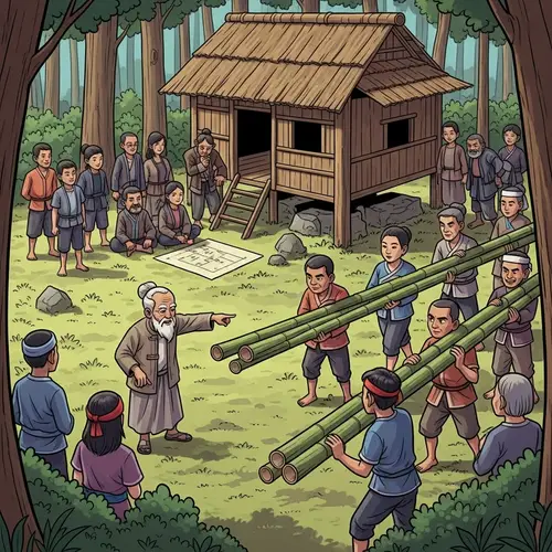 Vibrant Forest Bayanihan: Elder's Wisdom Unites Villagers