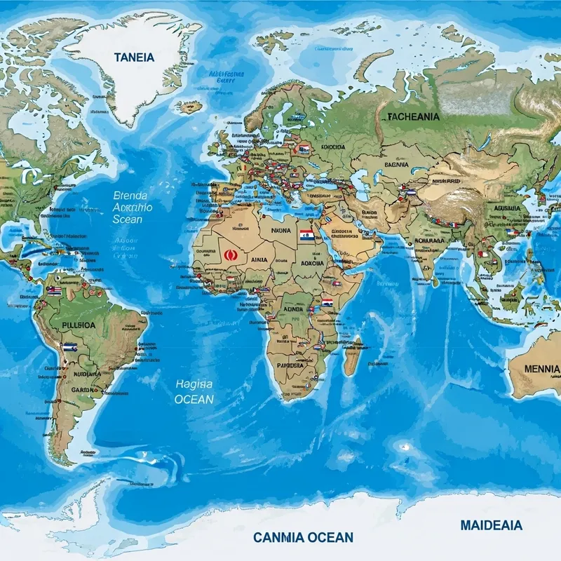 World Map with Continents, Flags, Rivers, and Land Features World Map with Continents, Flags, Rivers, and Land Features