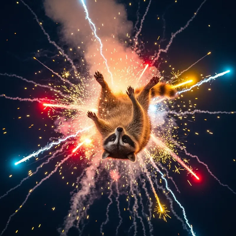 Agitated Raccoon Tumbling Amid Sparkling Explosions