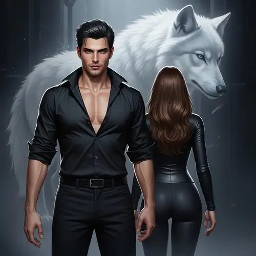 Dark Fantasy Vampire Couple and Ghostly Wolf Scene