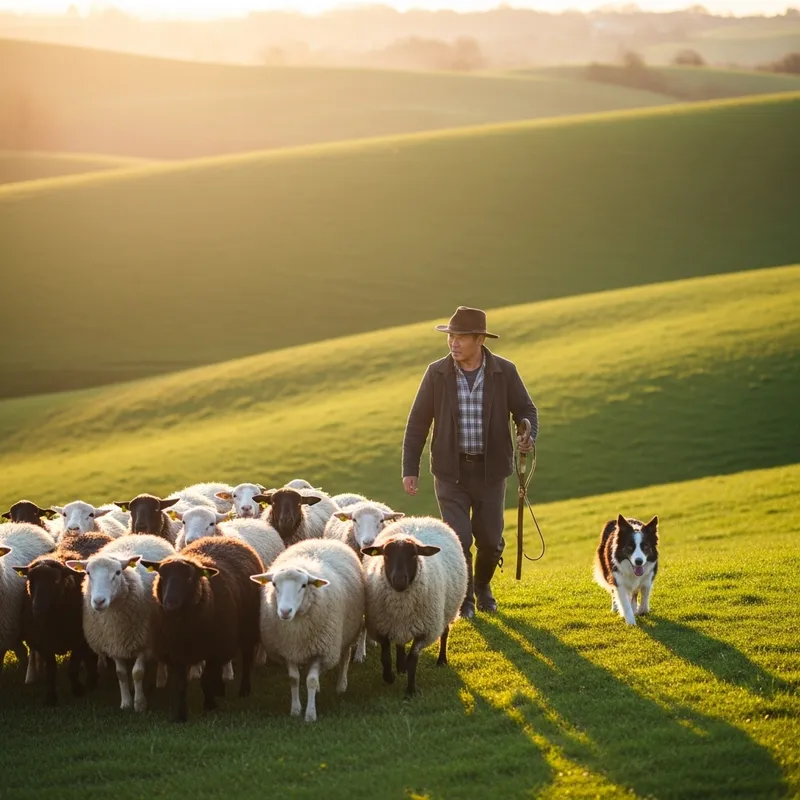 Asian Shepherd Guiding Diverse Flock of Sheep in Idyllic Rural Scene
