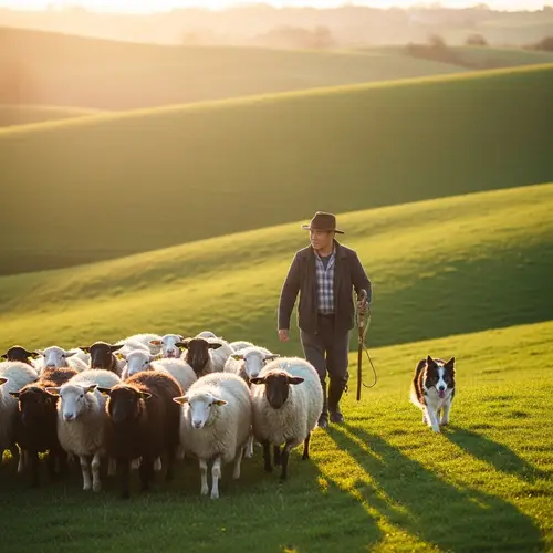 Asian Shepherd Guiding Diverse Flock of Sheep in Idyllic Landscape