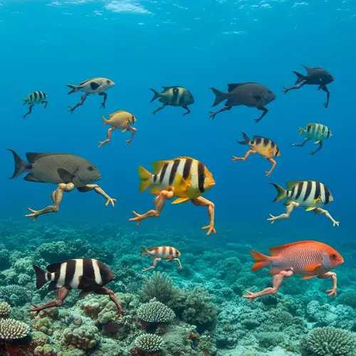 Colorful Fish with Legs: A Surreal Underwater Spectacle