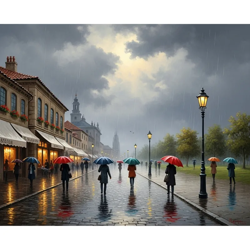 Rainy Afternoon: Serene Landscape Painting