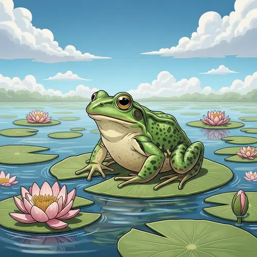 Vibrant Green Frog on Lily Pad in Calm Pond