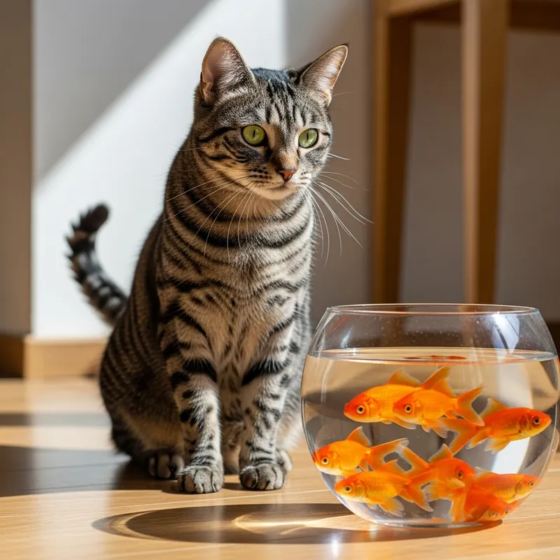 Curious Cat Watches Colorful Fish - Aquatic Serenity
