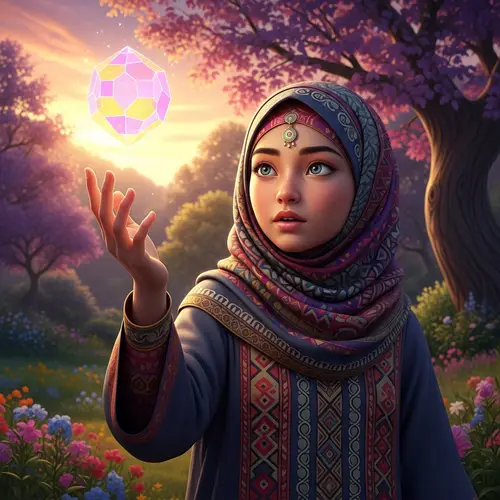 Realistic Middle-Eastern Girl in Hijab Reaching for Glowing Geometric Figure