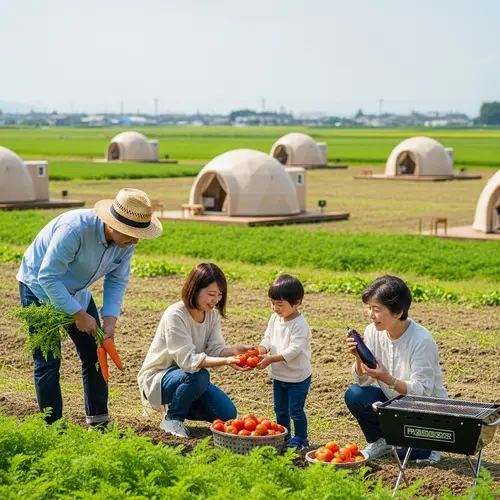 Japanese Family Glamping and Harvesting Vegetables at Campsite Farm