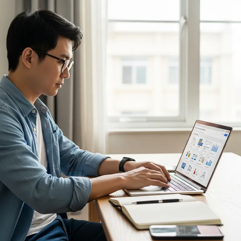 East Asian Man Crafting Detailed Evaluation with Advanced AI Tools