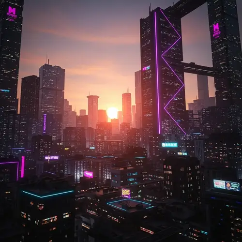 Futuristic Cyberpunk Cityscape at Vibrant Sunset