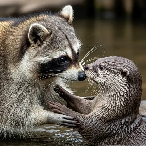 Friendly Raccoon and Otter Interaction in Natural Habitat