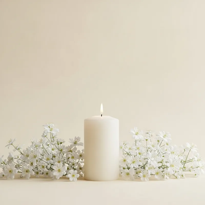 Minimalistic Cream Background with Delicate White Flowers and Pillar Candle