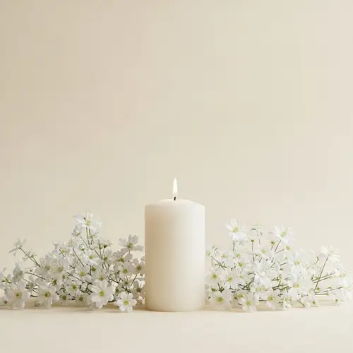 Cream Background with White Flowers and Pillar Candle