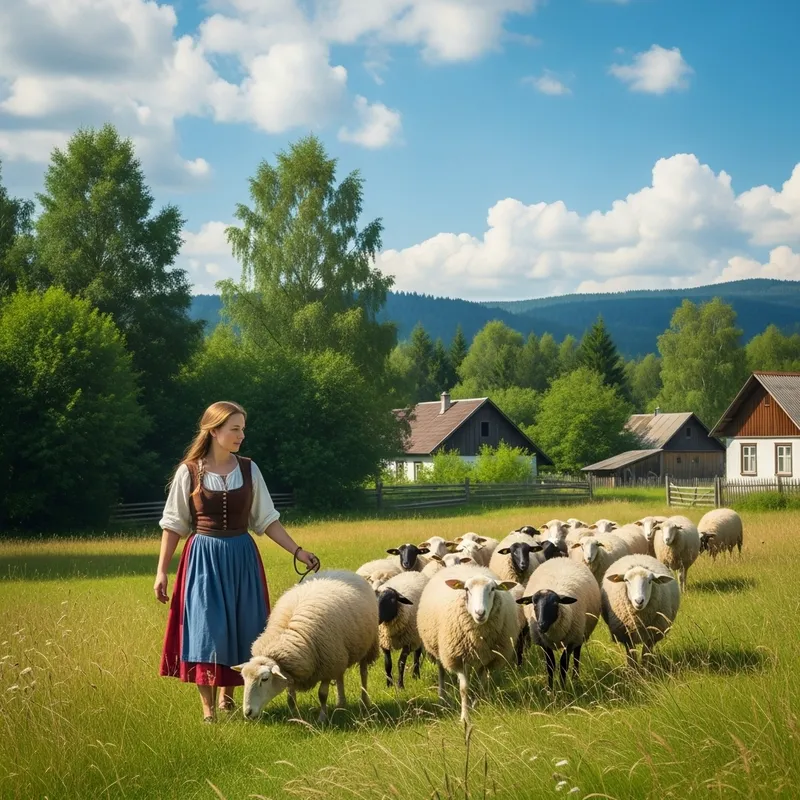 Young Girl Tending Sheep in Quaint Village | Nature Scene