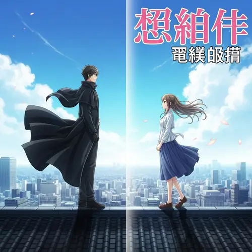 Young Man and Woman on Rooftop in Anime Style