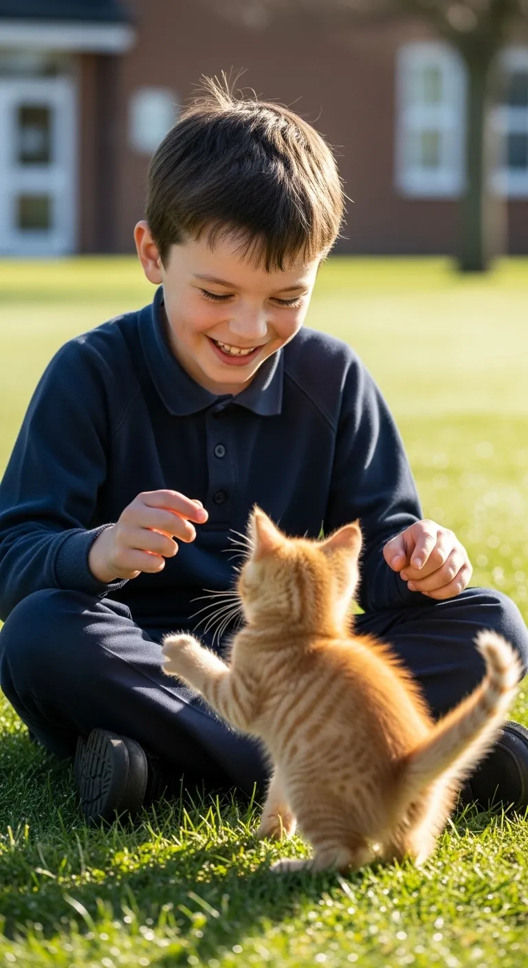 Dark-Haired 8-Year-Old Boy Laughing with Ginger Kitten in School Uniform Dark-Haired 8-Year-Old Boy Laughing with Ginger Kitten in School Uniform