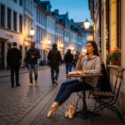 Hispanic Ballerina Enjoying Drink on European Cobblestone Street