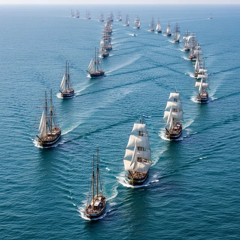 Maritime Navigation: 33 Ships Tacking Ballet on Vast Ocean