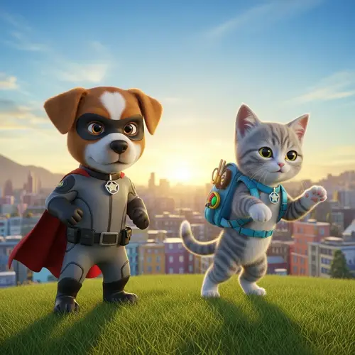 Courageous Puppy and Sprightly Kitten Heroes in Vibrant Landscape