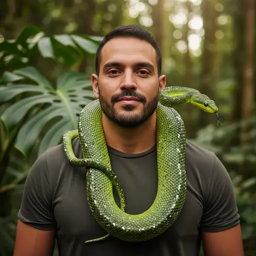 Harmonious Encounters: Fearless Hispanic Man with Green Snake