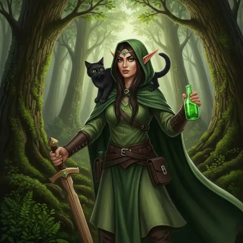 Striking Middle-Eastern Female Elf in Green Attire with Cat