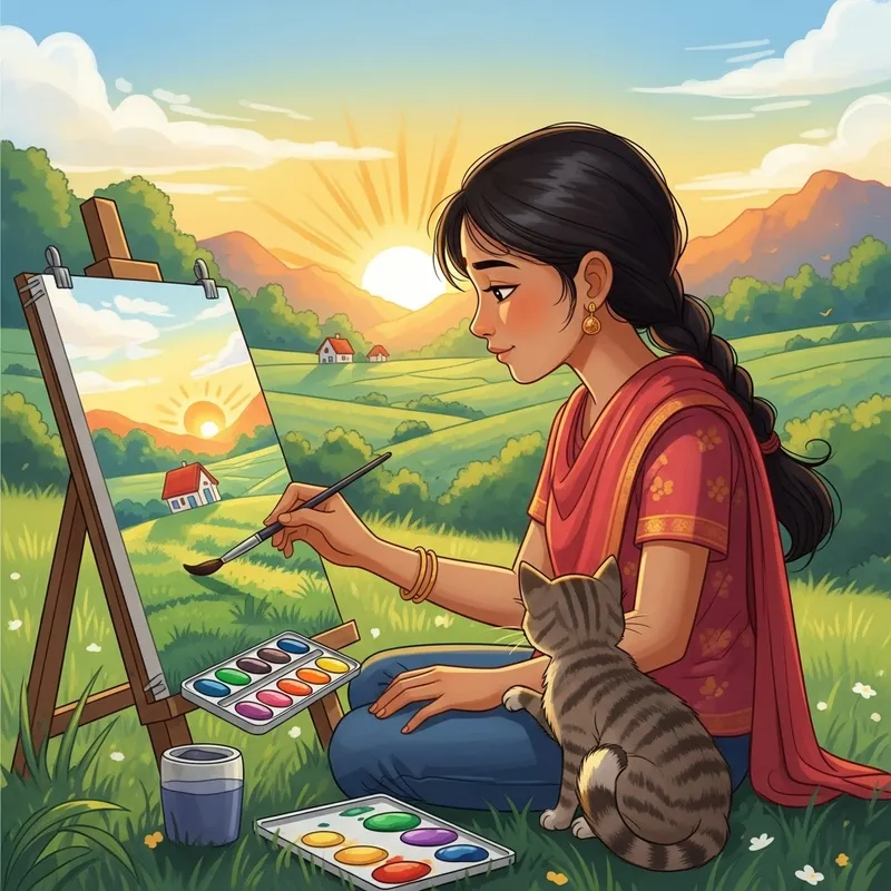 Girl Painting Sunrise Scenery with Cat in Countryside | Art