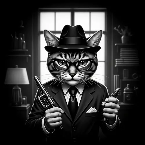 Mischievous Feline in Vintage Film Noir Style