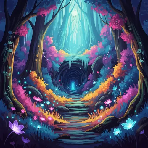 Enchanting Mystical Forest with Hidden Cave Entrance