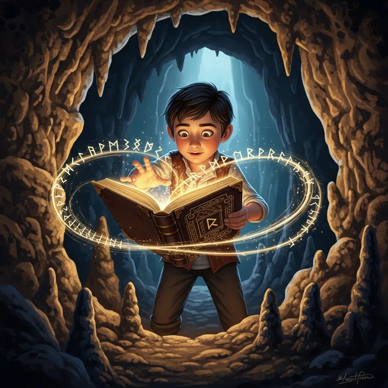 A Boy Casting Spells in a Mystical Cave