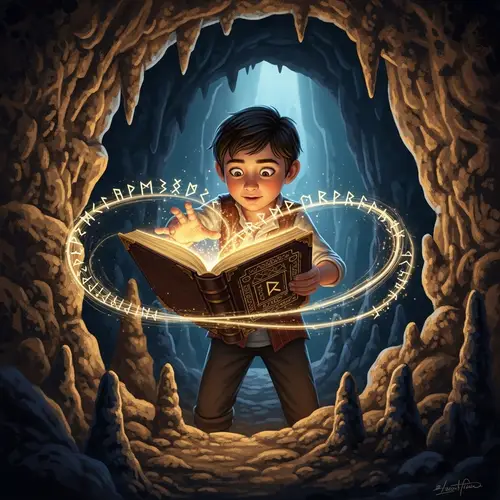 A Boy Casting Spells in a Mystical Cave