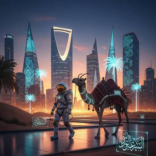 Astronaut Gazelle Guiding Camel in Riyadh