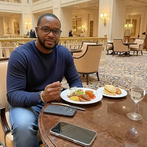 Luxurious Five-Star Hotel Scene with Stylish Black Man Dining