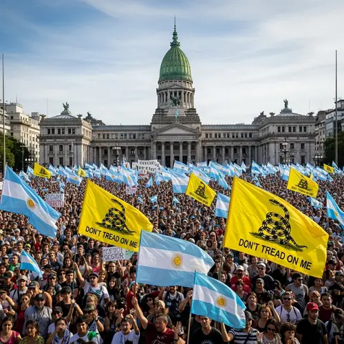 Supporters Wave Argentine & Libertarian Flags at National Congress