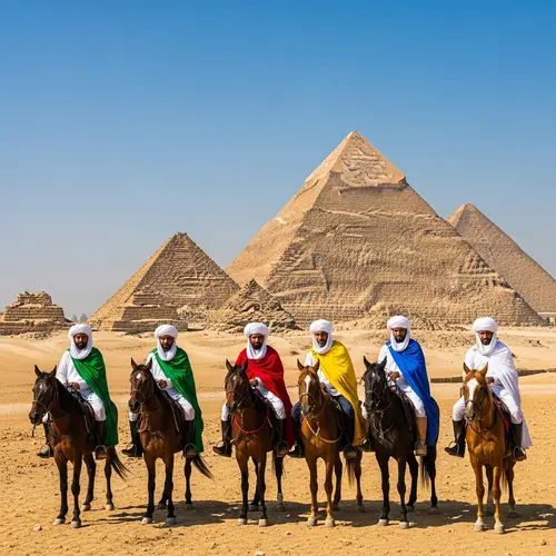 Colorful Horsemen in Front of Pyramids of Egypt