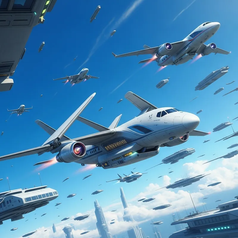 Futuristic Aircraft Designs in Aerial Cityscape Futuristic Aircraft Designs in Aerial Cityscape