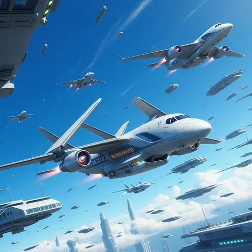 Futuristic Aircraft Designs in Aerial Cityscape