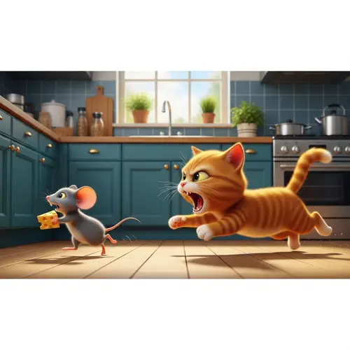 Delightful Ginger Cat Chasing Gray Mouse in High-Resolution Image
