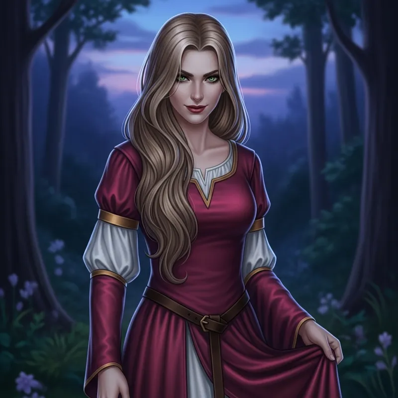Enigmatic Blonde Lilith in Medieval Burgundy Silk Dress Enigmatic Blonde Lilith in Medieval Burgundy Silk Dress