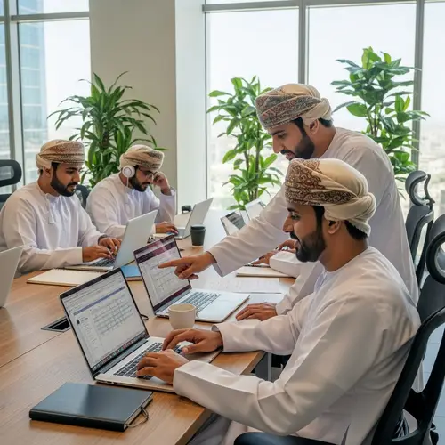 Omani Men Employees Working Together With Laptops