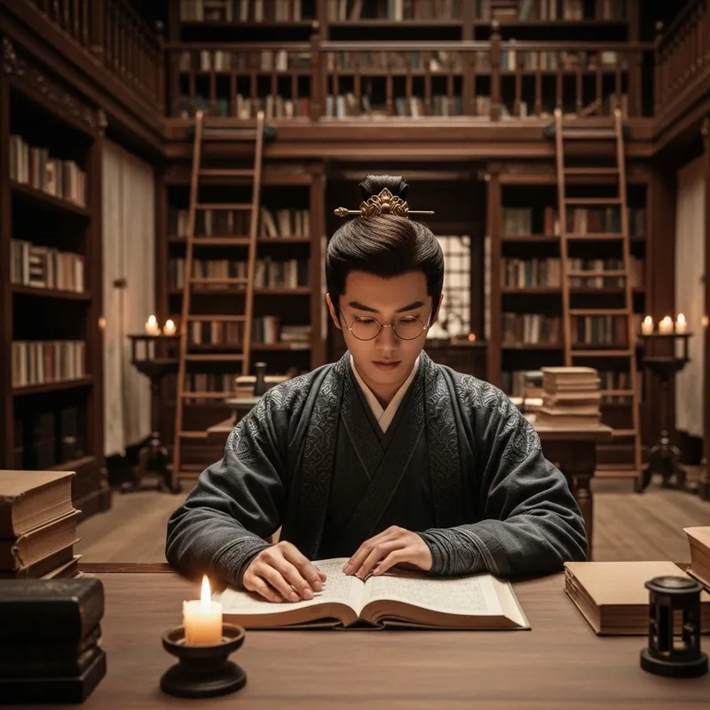 Elegant Young Chinese Scholar in Classical Library | Research Enthusiast