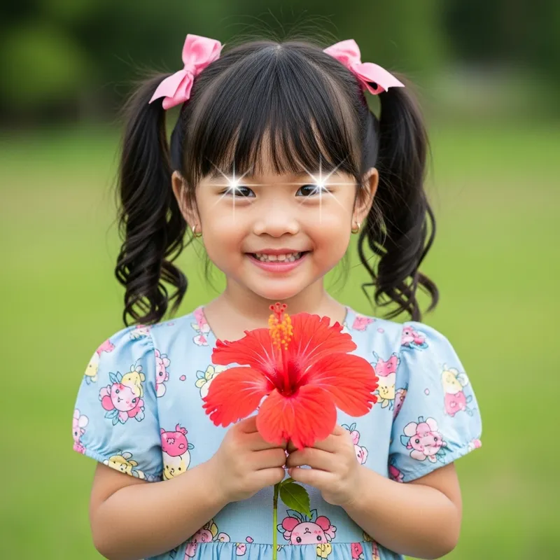 Cute 5-Year-Old Thai Girl with Bright Smile and Hibiscus