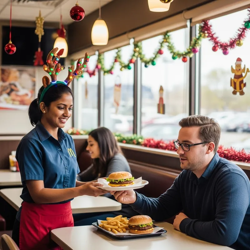 Festive Christmas Fast Food Scene: Reindeer Antler-Wearing Waitress Serving Hamburger