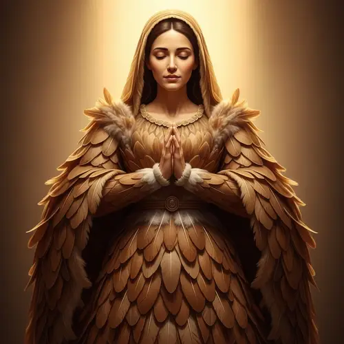 Serenity and Divinity: Woman in Feathery Brown Dress