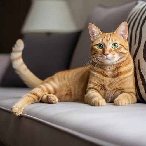 Ginger Domestic Short-Haired Cat Relaxing on Plush Sofa