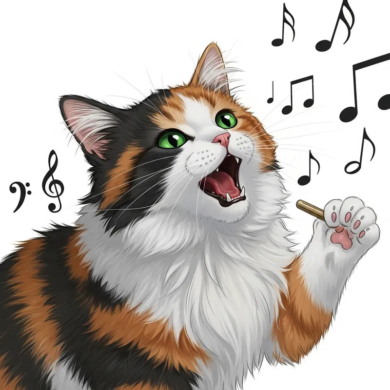 Singing Cat Illustration on Musical Notes Background